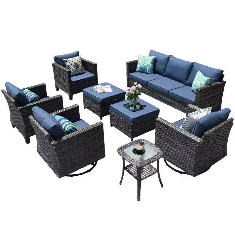 Ovios Tampa Ensemble de meubles de patio extérieur 8 pièces en osier avec canapé, fauteuils pivotants et coussins
