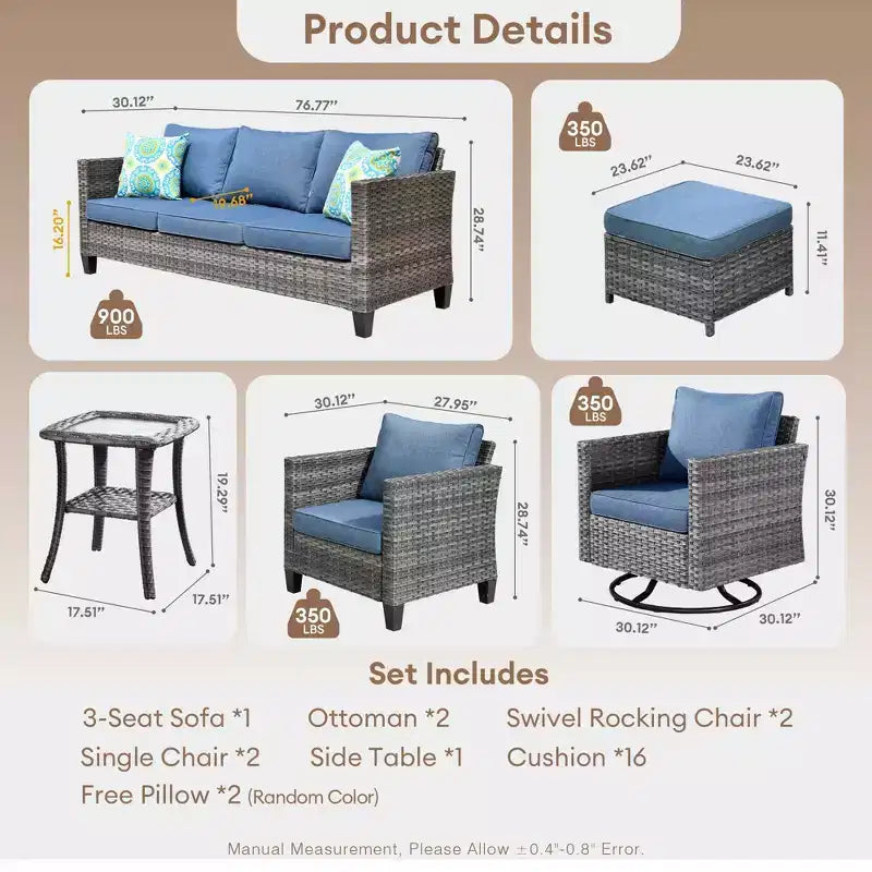 Ovios Tampa Ensemble de meubles de patio extérieur 8 pièces en osier avec canapé, fauteuils pivotants et coussins